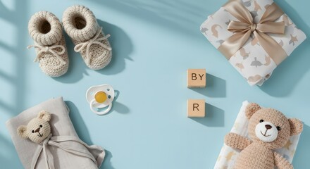 Baby shower gift flatlay.