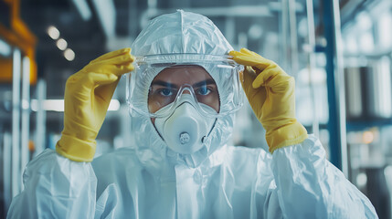 Inspector wearing white suit lab, yellow gloves, respirator mask and safety goggles inside industrial facility. Concept of contamination control, laboratory safety and protective workwear.