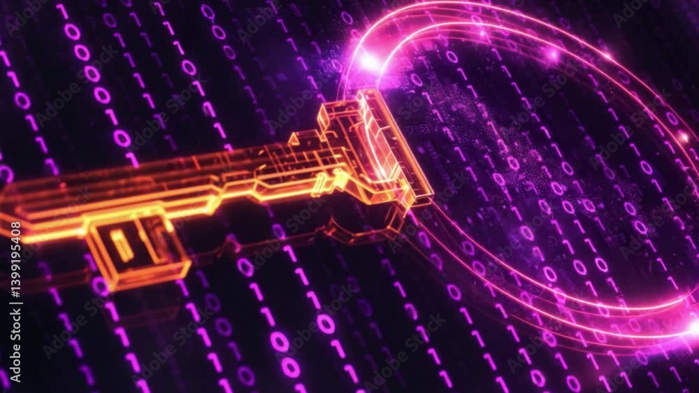 Poster digital key design futuristic neon experience with binary code, symbolizing cybersecurity and data p