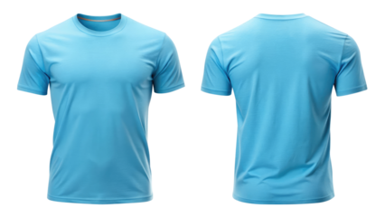 sky blue t shirt round neck front and back side template isolated on transparent white background, clipping path