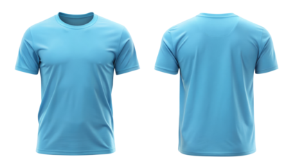 sky blue t shirt round neck front and back side template isolated on transparent white background, clipping path