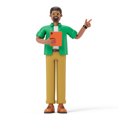 Man holding tablet, pointing upwards, symbolizing idea sharing or digital collaboration. 3D rendering, conceptual image. Isolated on white background.