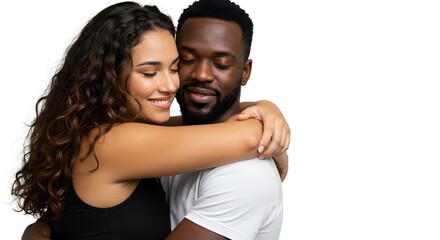 Obraz premium A loving embrace between two people, showcasing connection, closeness, and intimacy with affection, care and tenderness. Smiling, happy, peaceful.