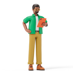 Man holding tablet, symbolizing idea sharing or digital collaboration. 3D rendering, conceptual image. Isolated on white background.