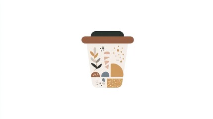 A cute, boho-inspired coffee cup logo with minimalist design elements. Flat illustration with neutral tones and simple shapes, set against a white background for a clean professional aesthetic.