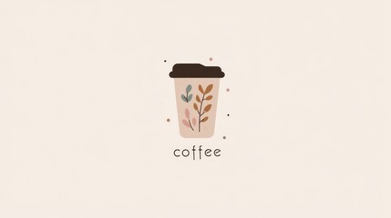A trendy, minimalist logo of a cute coffee cup on the go. Featuring boho style with neutral muted colors, simple design, and flat illustration on a clean white background.
