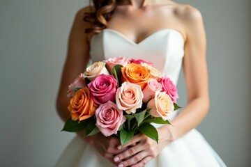 Naklejka premium Elegant bride holding a colorful bouquet of roses, romantic, marriage, dress