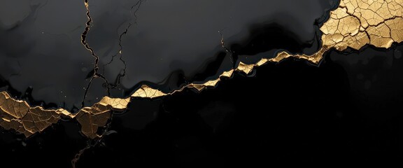  Broken Beauty Delicate Gold Leaf Against a High Gloss Black Background