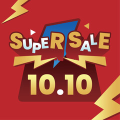 Naklejka premium Super Sale 10.10 with Bold Typography and Lightning Elements on Red Background