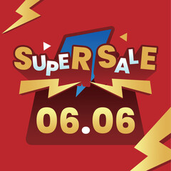 Super Sale 06.06 with Bold Typography and Lightning Elements on Red Background