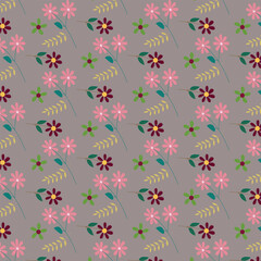 Seamless Floral Pattern with Pink and Maroon Flowers on Grey Background