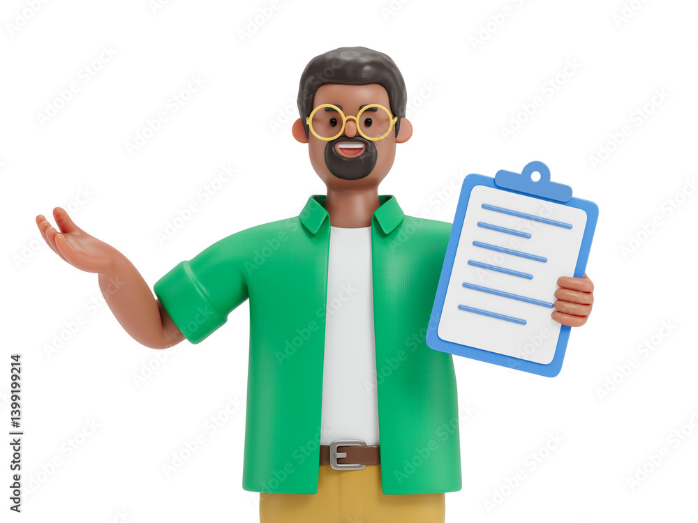 Poster man holding document, gesturing, symbolizes explanation or presentation of information. 3d rendering