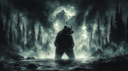 Obraz premium Majestic Grizzly in a Misty Mountain Lake