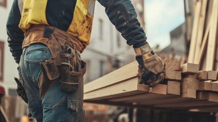 A construction site worker unloading building materials from a truck. Featuring teamwork and coordination