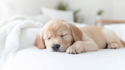 Obraz premium Adorable Golden Retriever Puppy Sleeping on a Bed