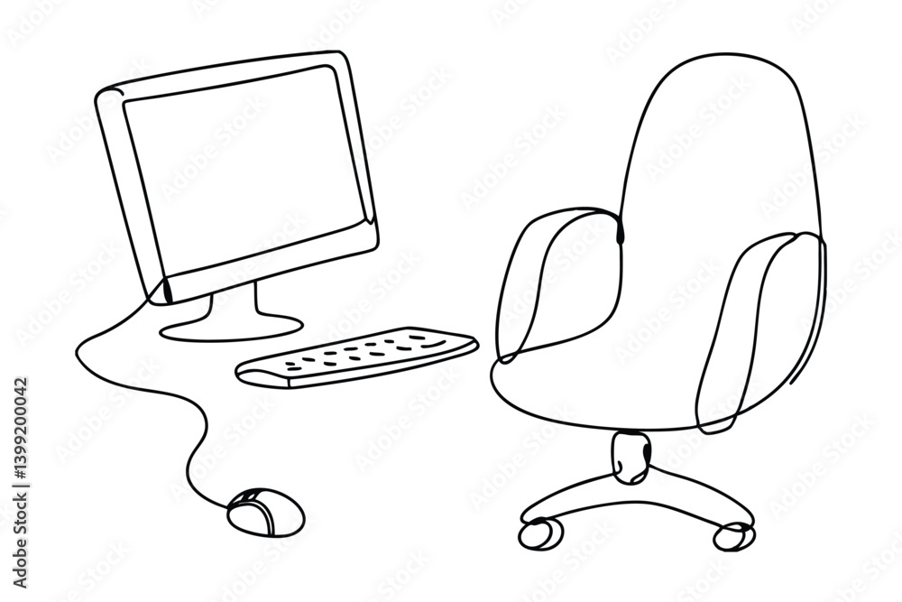 Poster minimalist outline illustration of a desk with computer and chair perfect for design projects and cr