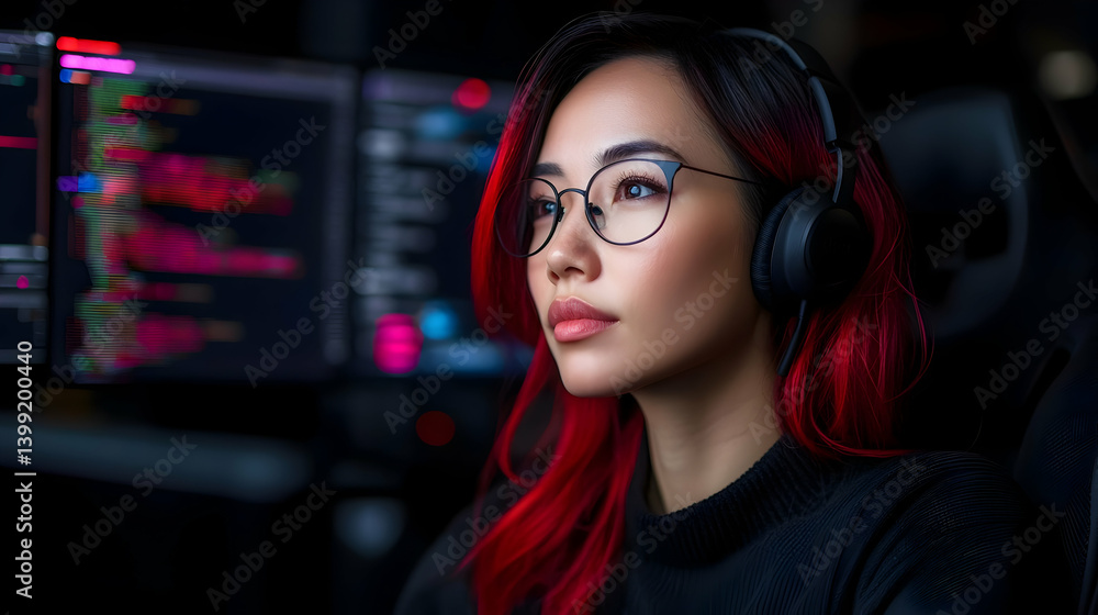 Poster focused female coder working at night in modern office