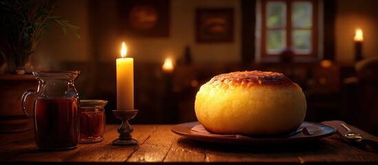 Obraz premium Baked Cheese in Rustic Inn with Candles