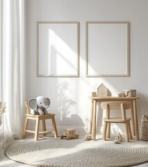 Cozy and Minimalist Child's Room with Elephant Toy and Wooden Furniture in Soft Natural Light
