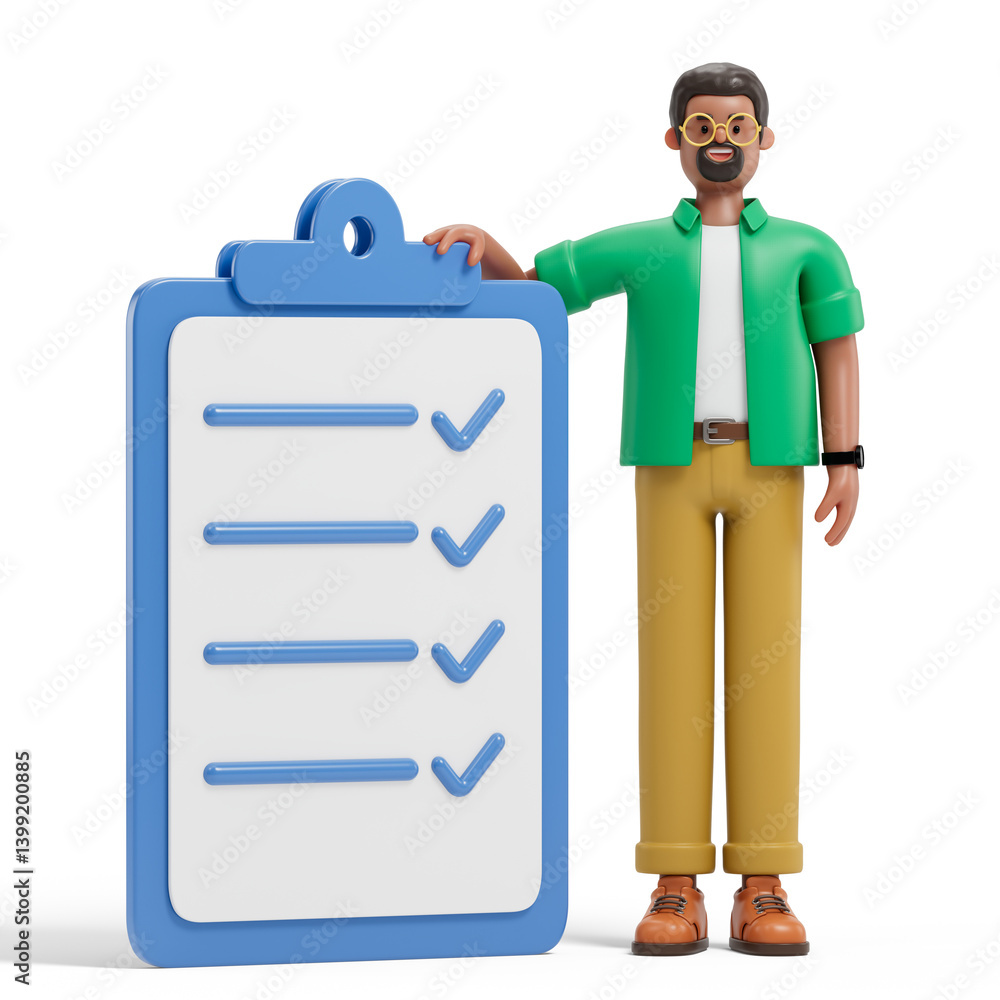 Poster man presenting checklist with ticks, symbolizing completion of tasks or goals. 3d rendering, concept