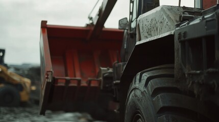 Obraz premium A construction site worker unloading heavy equipment from a truck. Featuring teamwork and logistics