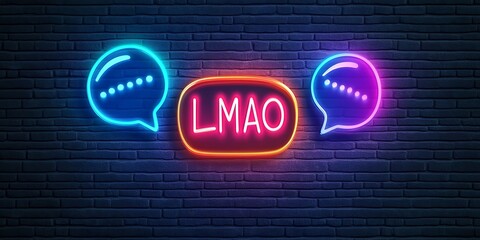 Obraz premium Colorful Neon Sign with LMAO Text and Speech Bubbles on Brick Wall Background