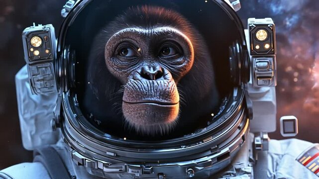Astronaut chimpanzee gazing thoughtfully into the cosmos, stars twinkling in the background