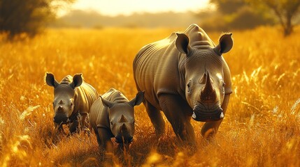 Fototapeta premium African Rhino Family in Golden Savanna
