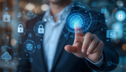 Man in suit interacting with a digital fingerprint interface and security icons in the foreground