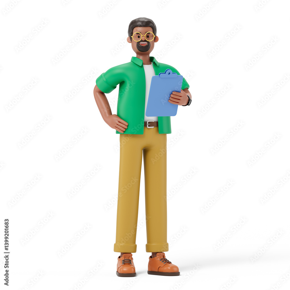 Poster man holding green folder, symbolizing organization or preparation of documents. 3d rendering, concep