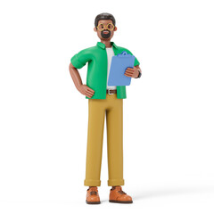 Man holding green folder, symbolizing organization or preparation of documents. 3D rendering, conceptual image. Isolated on white background.