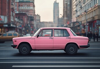 Vintage Pink Sedan Car in Urban Street Scene with Modern Buildings and Busy Pedestrians