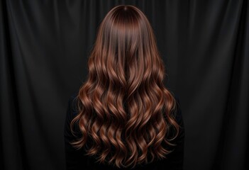  Luxurious PNG Image Long, Chestnut Hair with Mahogany Undertones, Viewed From Behind, Against a Rich Black Velvet Backdrop