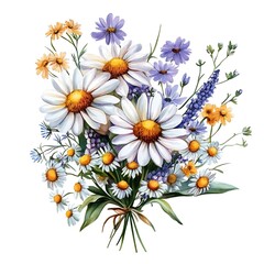 Fototapeta premium Beautiful Floral Bouquet with Vibrant Wildflowers and Fresh Greenery on White Background