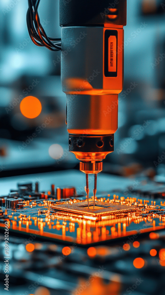 Poster a machine is drilling into a circuit board. concept of precision and technical expertise