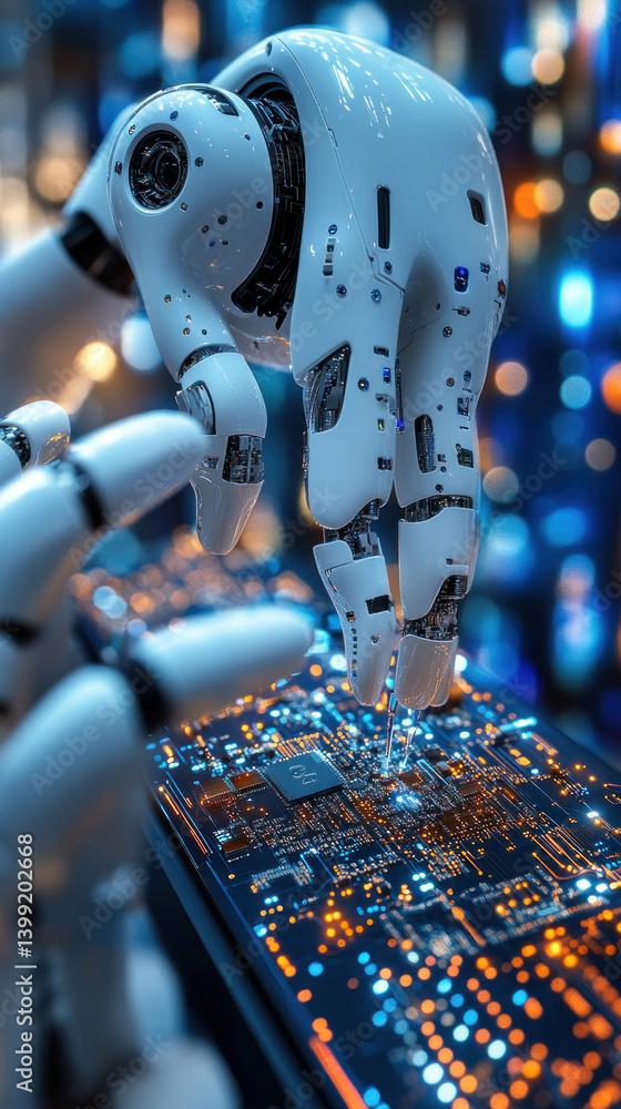 Poster a robot hand is reaching out to touch a computer keyboard. concept of curiosity and wonder about the