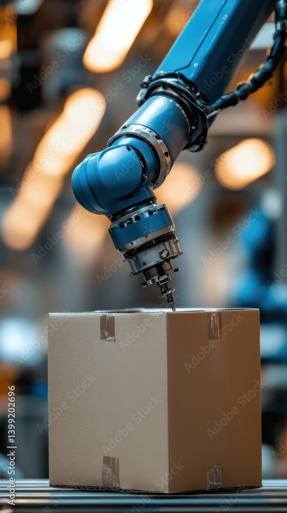 Poster a robot is drilling a hole in a cardboard box. the robot is blue and has a mechanical look to it. th