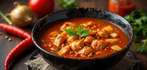  Fiery Broth Chicken Soup with a Kick, Bold Flavors, Asian Inspired, Powerful Aromas, Bold Red Accents