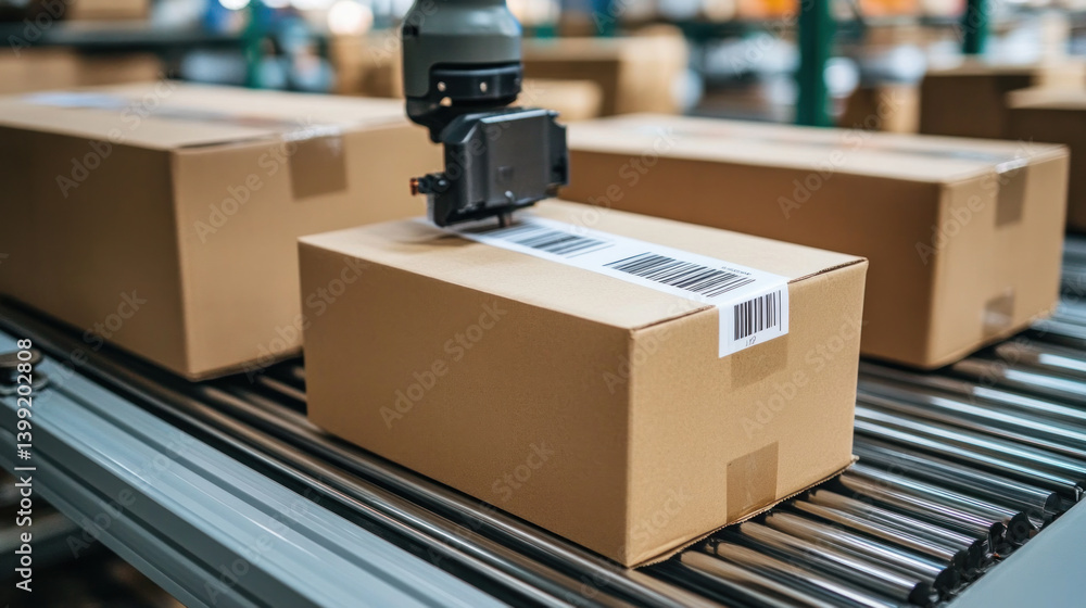 Aufkleber a box is being labeled with a barcode. the barcode is being applied to the box by a machine