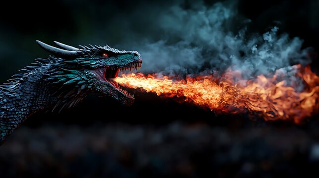 Dragon breathing fire with smoke, with dark background and blurred depth of field, detailed scales