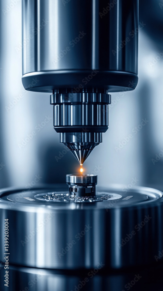 Poster a machine with a small object inside of it. the object is glowing red. the machine is made of metal 