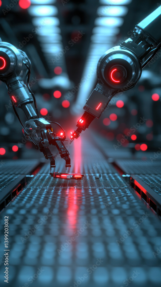 Poster two robots are touching each other, one of which is holding a laser. the scene is set in a futuristi