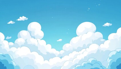 Cartoonish sky filled with fluffy clouds.  Vast expanse of light blue sky and puffy white clouds
