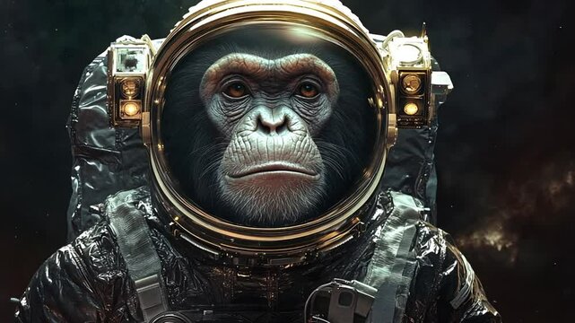 Astronaut monkey in space suit gazing at the cosmos, surrounded by distant stars and galaxies