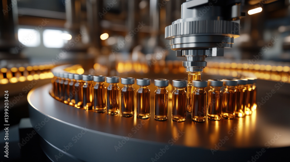 Poster a machine is filling bottles with a liquid. the bottles are lined up in a row and are being filled w
