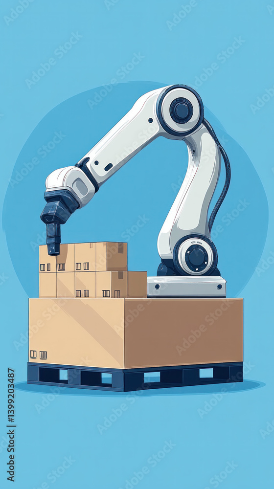 Poster a robot is working on a box. the robot is white and has a blue background