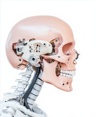Naklejka premium Close-up of a cyborg skeleton with mechanical components and metallic teeth