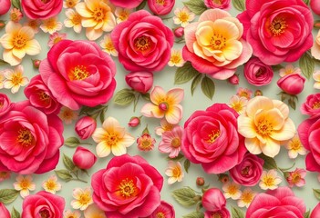 Fototapeta premium Elegant seamless millefleurs pattern featuring vibrant small dog rose blossoms, fashion, design