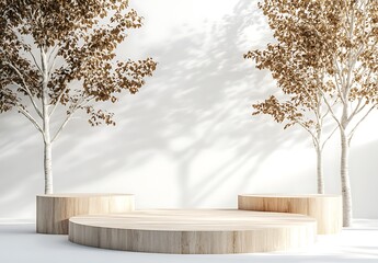 Modern Minimalist Display with Wooden Platforms and Artistic Trees in Bright White Space