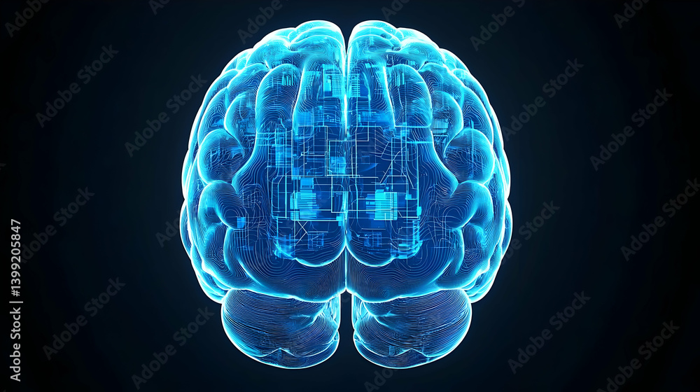 Poster digital representation of a brain with circuitry